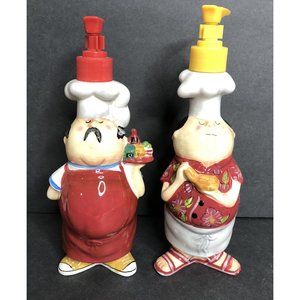 Tracy Flickinger Backyard BBQ Chef Ketchup & Mustard Dispenser Set Ceramic CIC